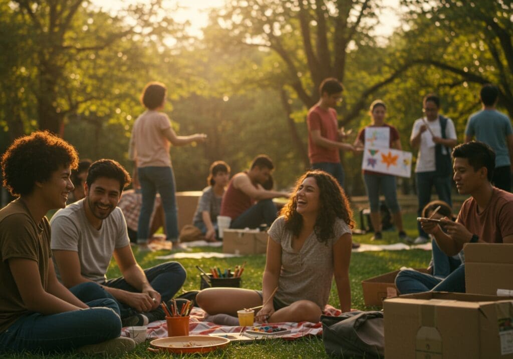 AI generated Illustration a vibrant community gathering in a sunlit park, showcasing diverse individuals engaged in meaningful conversations and activities. In the foreground, a group of friends share a hearty laughter over a picnic, symbolizing genuine connection and support. Nearby, families collaborate in a community art project, emphasizing creative collaboration. In the background, a cozy circle of people discussing ideas passionately represents shared growth and collective wisdom. Envelop the scene in warm colors to evoke a sense of belonging and harmony, contrasting the fleeting nature of viral trends. Capture the essence of community—togetherness, authentic relationships, and lasting impact, inspiring viewers to value connection over fame.