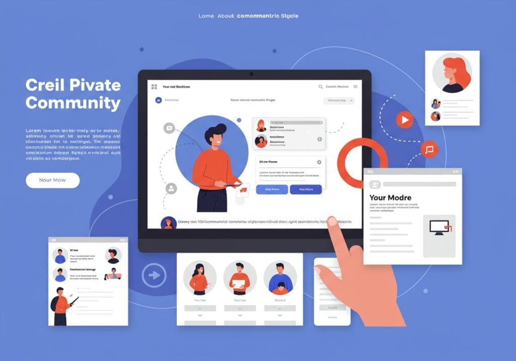 AI Generated a visually engaging website interface design showcasing a workspace where users can effortlessly create their Private Community Pages for seamless networking. Highlight a vibrant, user-friendly dashboard featuring customizable templates, drag-and-drop functionality, and interactive elements. Include a sidebar with options for community settings, member management, and content sharing tools. Illustrate diverse users collaborating in real-time, exuding a sense of connection and empowerment. Incorporate inviting colors, modern typography, and intuitive navigation to convey a warm, welcoming atmosphere, emphasizing the ease and strength of building personalized networks.