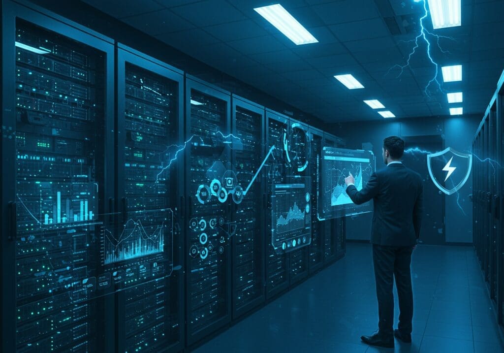 AI generated a visually striking image that encapsulates the theme of "Enhance Your Website’s Speed, Security, and Scalability with Dedicated Hosting." Illustrate a sleek, modern server room filled with high-tech servers glowing softly in blue and green hues, symbolizing speed and efficiency. In the foreground, showcase a confident business professional analyzing website analytics on a futuristic digital interface, representing growth and reliability. Incorporate abstract elements like a shield and lightning bolts to symbolize security and fast performance, seamlessly integrating them into the background. The overall atmosphere should convey innovation, trust, and the exponential potential of dedicated hosting.