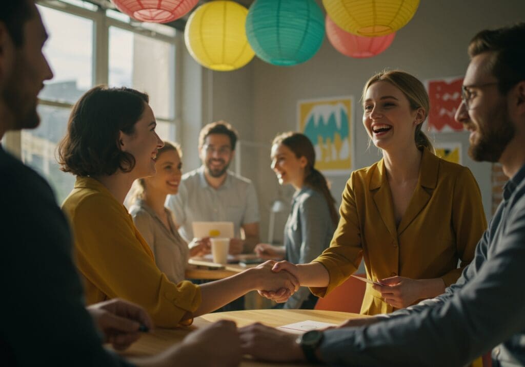 Created with AI: a vibrant and uplifting scene that embodies the spirit of professional networking and connection. Visualize a diverse group of friendly professionals gathered in a sunlit co-working space, engaging in animated conversations and exchanging ideas. Incorporate colorful decorations and modern furniture that exude warmth and creativity. Capture moments of laughter, handshakes, and the sharing of business cards, illustrating a sense of community and collaboration. Use bright colors like yellow, teal, and coral to enhance the cheerful atmosphere, while incorporating elements like plants and motivational posters to evoke inspiration and positivity.