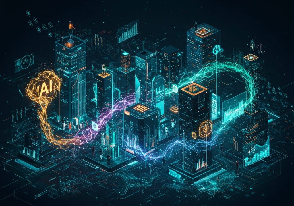 AI generated a visually striking representation of the digital landscape transformed by AI, machine learning, and blockchain technology. Highlight a futuristic cityscape where vibrant neural networks intertwine with towering skyscrapers, each animated with pulsating light to symbolize intelligent data flow. Integrate elements of blockchain such as interconnected nodes and transparent digital ledgers, seamlessly blended into the architecture. Emphasize dynamic interactions among people and technology, showcasing diverse individuals collaborating and innovating. Use a color palette that evokes a sense of progress—deep blues, bright greens, and hints of gold—creating a harmonious balance between technology and humanity. Capture the essence of innovation, collaboration, and the limitless potential of these digital advancements in a single, evocative image.