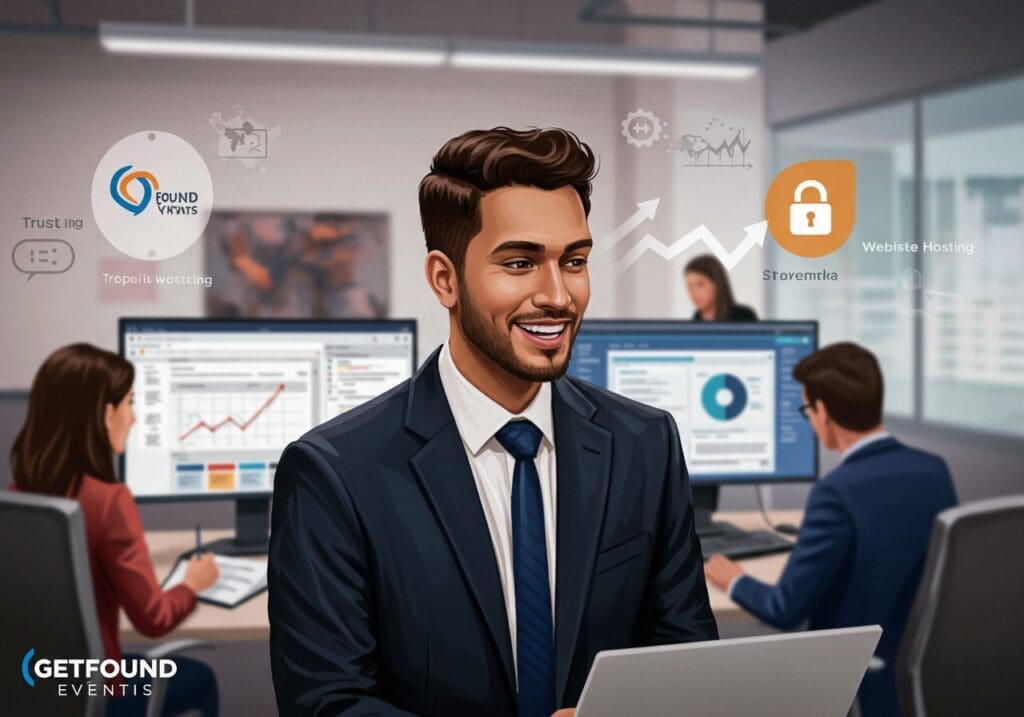 AI generated an inspiring image that captures the essence of trust and professionalism in the business world. Feature a confident business owner, warmly smiling as they collaborate with a supportive team at getFOUND Events. The setting is a modern office with elements symbolizing website hosting and SEO, such as digital screens displaying analytics and vibrant growth charts. Include subtle yet impactful visuals, like a security lock and a rising graph, to emphasize reliability and success. Use a harmonious color palette that exudes warmth and assurance, instilling a sense of partnership and growth. Aim to evoke a feeling of confidence and empowerment that invites other business owners to trust getFOUND Events with their online presence.