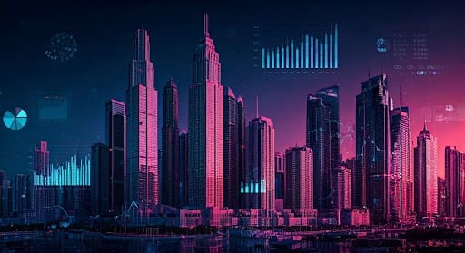 AI-generated image of the city against a pink sky with graphs in the background.